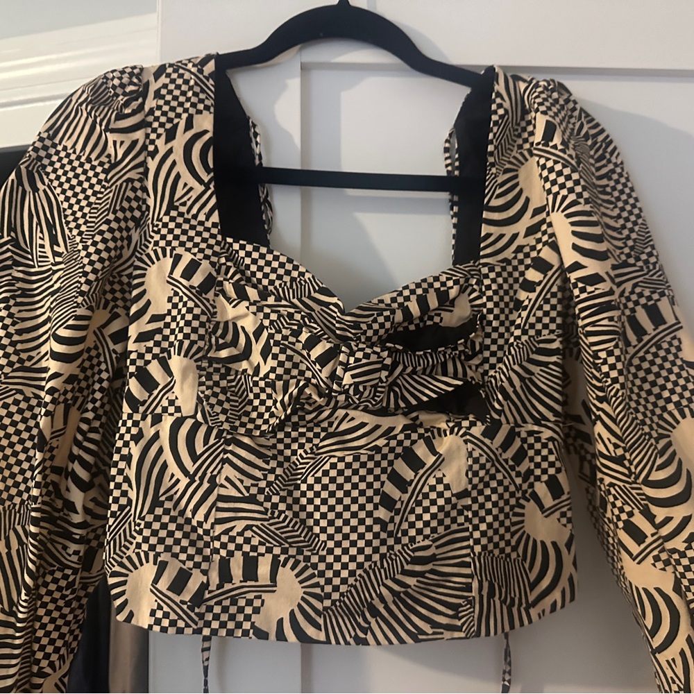Anthropologie Black & Cream Geometric Square-Neck Blouse